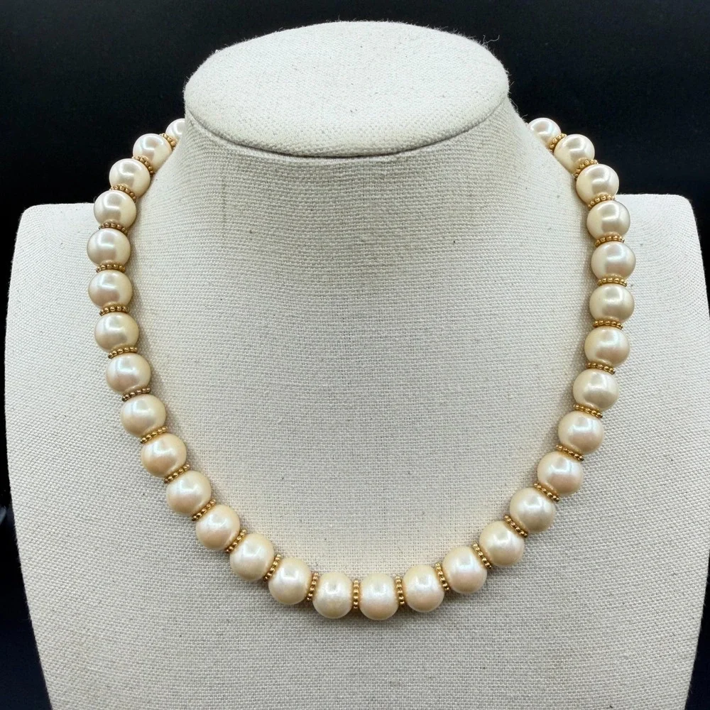 Cream Faux Pearl Beaded Necklace Gold Tone Spacer Classic Elegant Statement